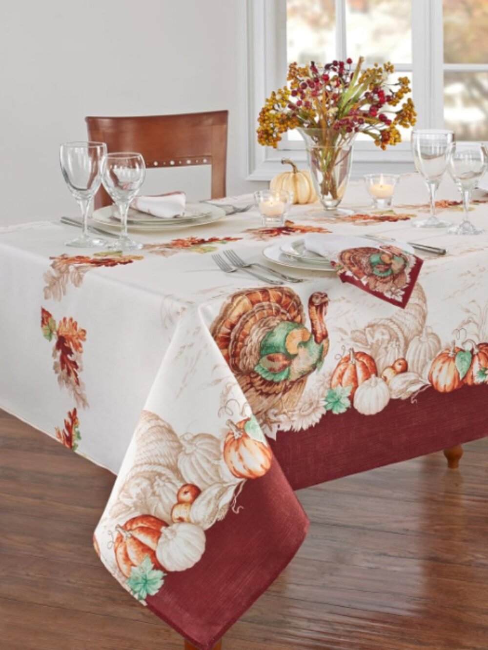 Holiday Turkey Bordered Fall Tablecloth, Multicolor - 52" W x 52" L Square